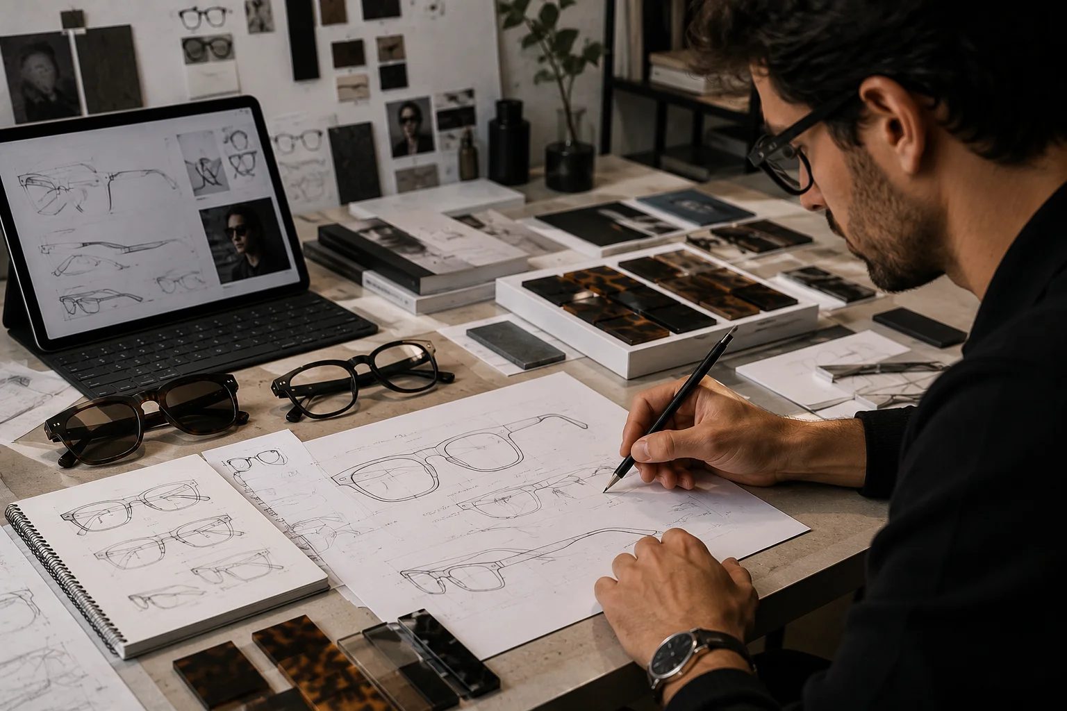 Eyewear designer developing concepts from sketches and material references